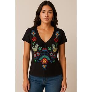 Johnny Was “Papillon Tee” Embroidered Black V-Neck Top – Size M